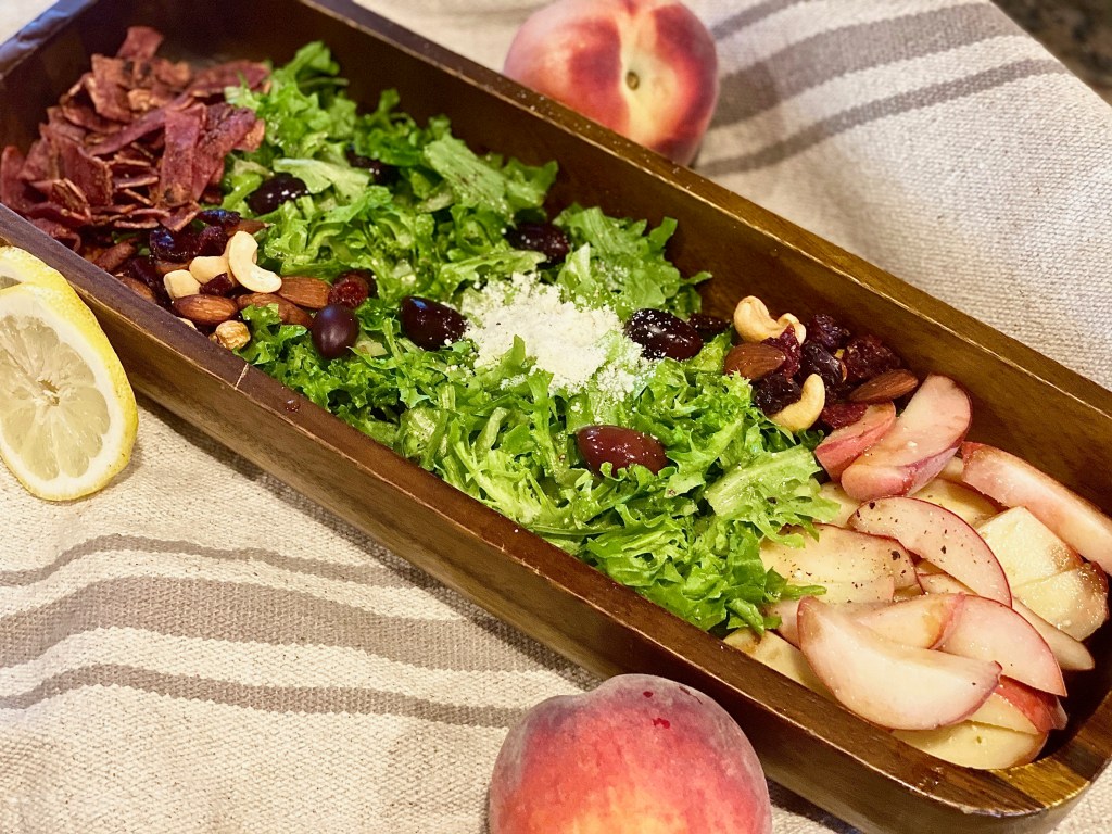 A nutty White peach & bacon green leaf&nbsp;salad.