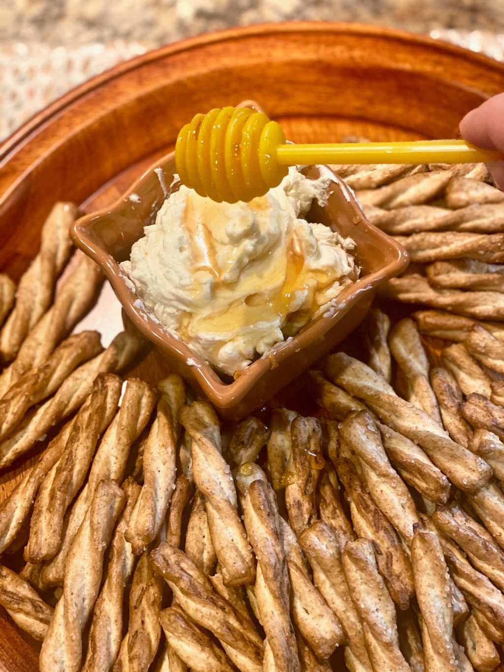 Whipped Honey Cinnamon Cream Cheese Dip Served With Honey Pretzel&nbsp;Twists.