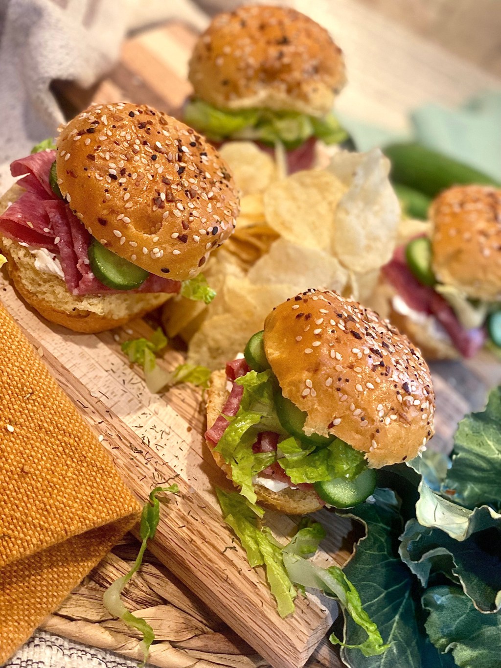 Salami, Cream Cheese, and Cucumber&nbsp;Sliders.